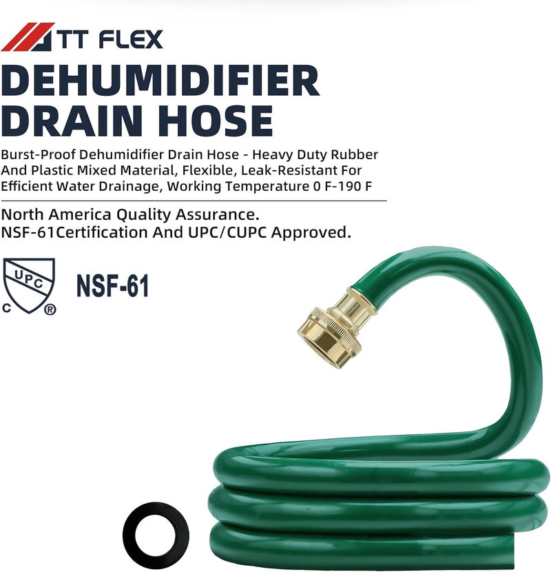 TT FLEX Burst-Proof Dehumidifier Drain Hose – 5 FT Green Rubber, 3/4" FHT, Heavy Duty, Flexible, Leak-Resistant for Efficient Water Drainage,CUPC and NSF-61 Certificated - Image 2